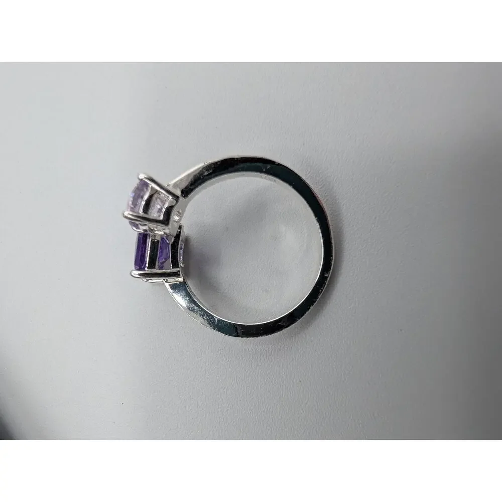Fashion Silver Tone Bypass Ring Purple & Lavender Amethyst CZ Stones Size 7